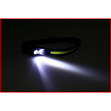 Eine Stirnlampe mit hellem, weißem Lichtstrahl. Der Rest des Bildes ist dunkel. 